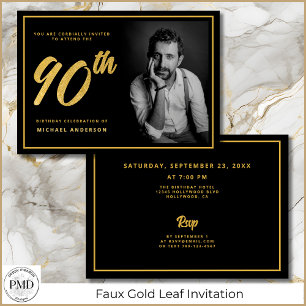 90th Birthday Elegant Photo Black Gold Invitation