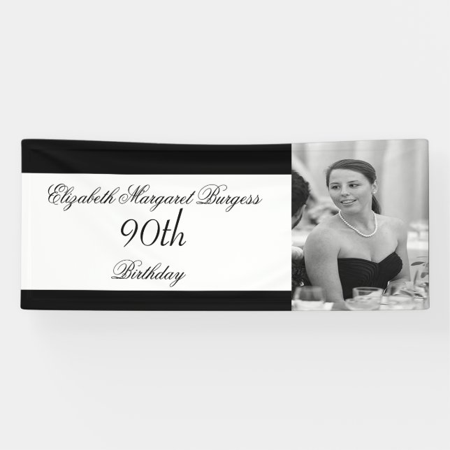 90th Birthday Elegant Photo Personal Black White Banner (Horizontal)