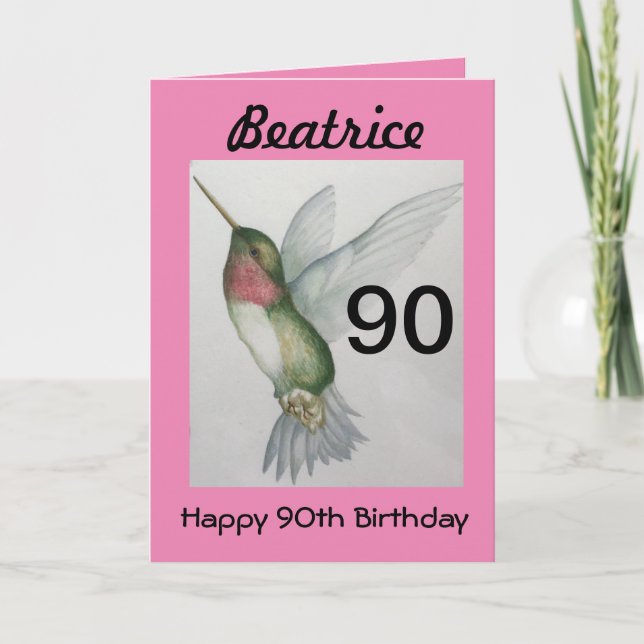 90th Birthday Elegant Pink Hummingbird Watercolor Card (Front)