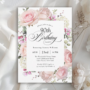 90th Birthday Elegant Pink Roses Calligraphy Invitation