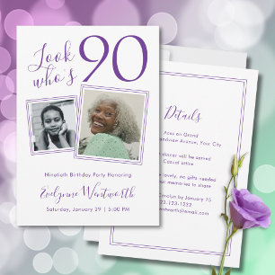 90th Birthday Elegant Purple Minimal Script Photo Invitation