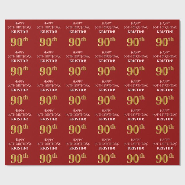 90th Birthday: Elegant, Red, Faux Gold Look Wrapping Paper (Flat)
