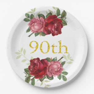90th Birthday, Elegant, Red Vintage Roses, Custom Paper Plate