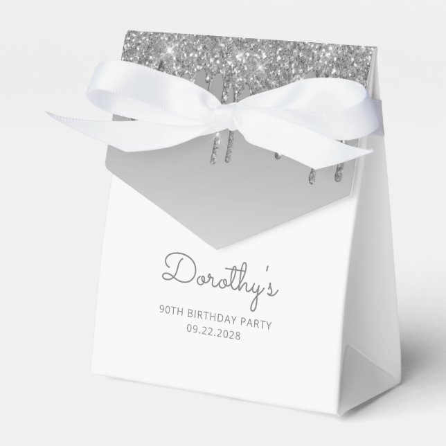 90th Birthday Elegant Silver Glitter Drip Script Favour Box (Front Side)
