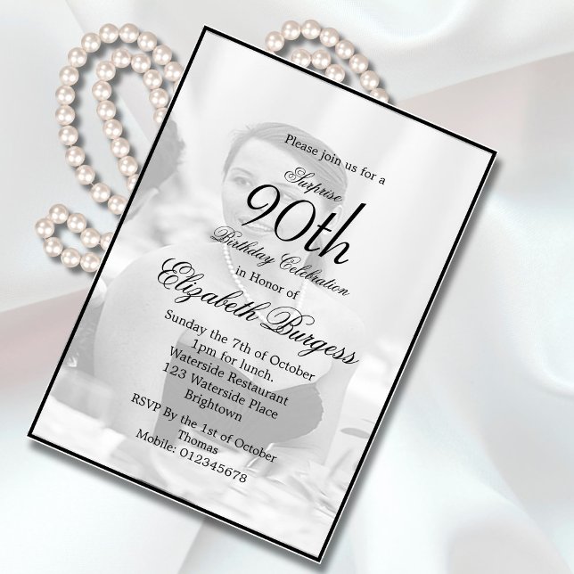 90th Birthday Elegant Single Photo Birthday Invitation (Creator Uploaded)