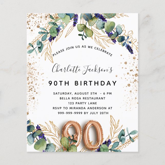 90th birthday eucalyptus budget invitation flyer (Front)