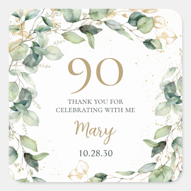 90th Birthday Eucalyptus Thank You Square Sticker (Front)