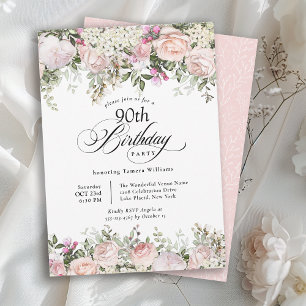 90th Birthday Feminine Pink Floral Calligraphy Invitation