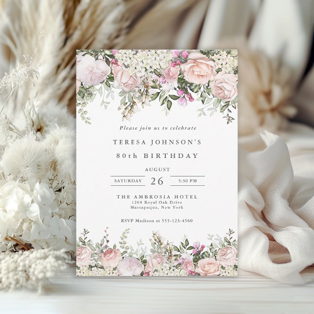 90th Birthday Feminine Pink Roses Floral  Invitation (Available in both printed and instant download digital formats.)
