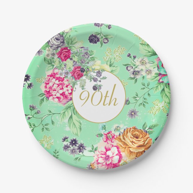 90th Birthday Floral Birthday Green Gold Paper Plate (Front)