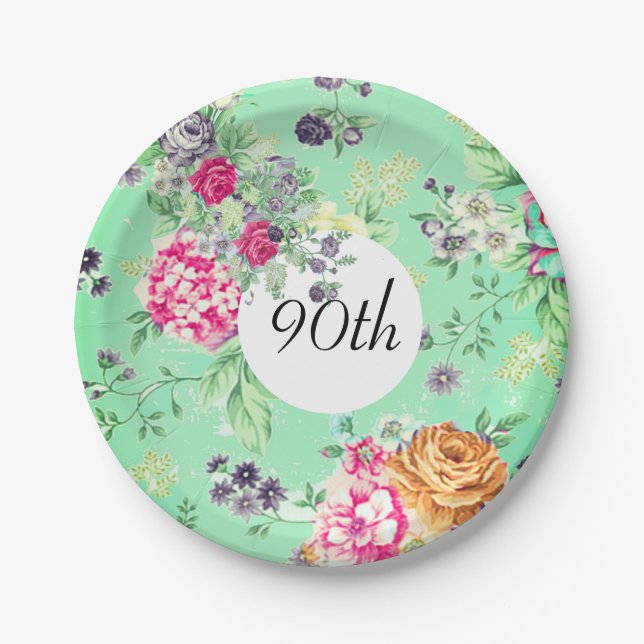 90th Birthday Floral Birthday Green Paper Plate (Front)