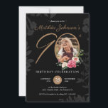 90th Birthday Floral Black Gold Botanical Custom  Invitation<br><div class="desc">90th Birthday Floral Black Gold Botanical Custom Invitation. A delicate and feminine floral and botanical themed 90th birthday party invitation. It features beautiful flowers surrounding the photo of the birthday person all with a hint of vintage classiness! The designer is always ready to help, contact her if you need help...</div>