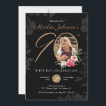90th Birthday Floral Black Gold Botanical Custom  Invitation<br><div class="desc">90th Birthday Floral Black Gold Botanical Custom Invitation. A delicate and feminine floral and botanical themed 90th birthday party invitation. It features beautiful flowers surrounding the photo of the birthday person all with a hint of vintage classiness! The designer is always ready to help, contact her if you need help...</div>