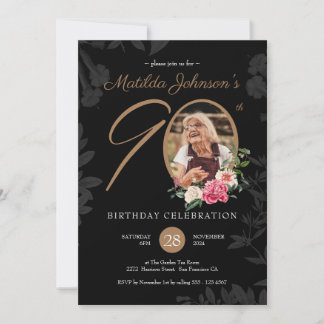 90th Birthday Floral Black Gold Botanical Custom Invitation