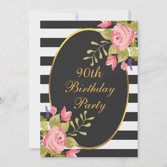 90th Birthday Floral Black White Stripes Gold Foil Invitation (Front)