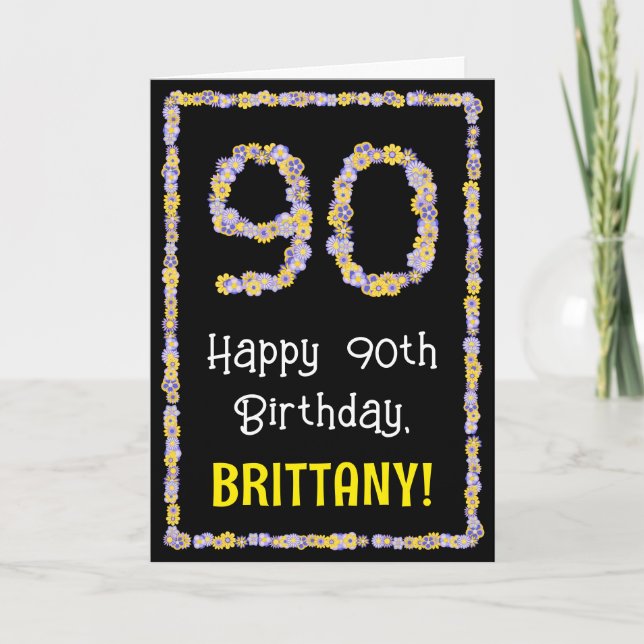 90th Birthday: Floral Flowers Number, Custom Name Card (Front)