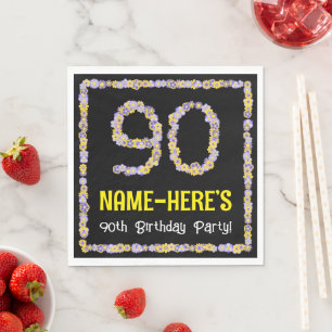 90th Birthday: Floral Flowers Number, Custom Name Napkin