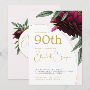 90TH Birthday Floral Gold Monogram Elegant  Invitation