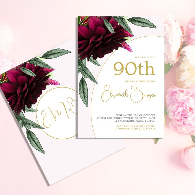 90TH Birthday Floral  Gold White Elegant Birthday Invitation (Creator Uploaded)