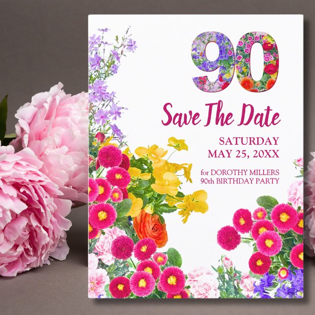 90th birthday floral modern 90 Save The Date card (Creator Uploaded)