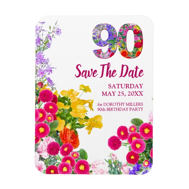 90th Birthday Floral Modern Save The Date Magnet (Vertical)