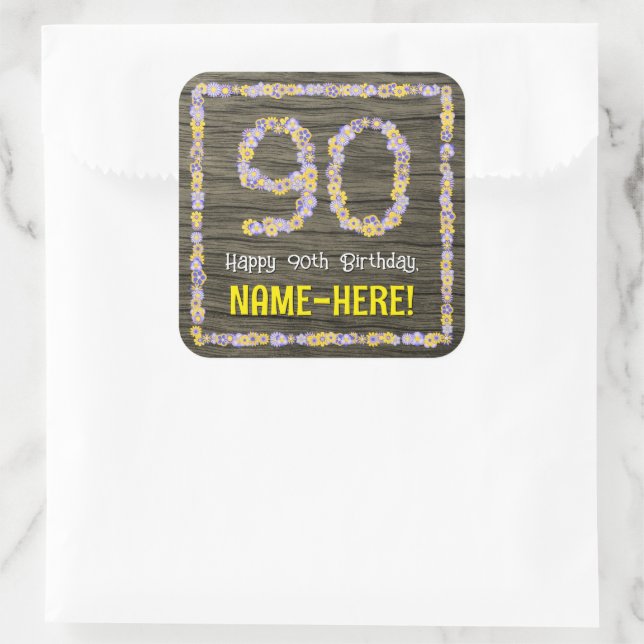 90th Birthday: Floral Number, Faux Wood Look, Name Square Sticker (Bag)