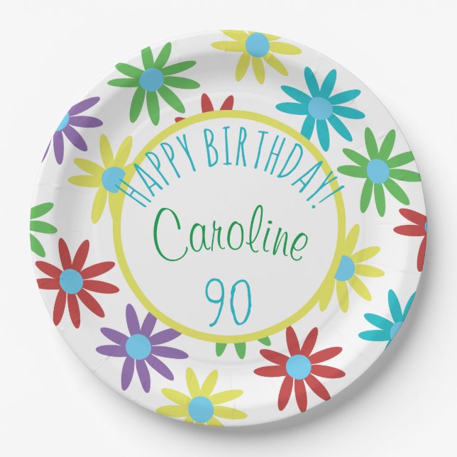 90th Birthday Floral Personalised Paper Plate (Front)