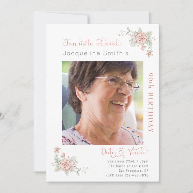 90th Birthday Floral Photo Invitation (Front)