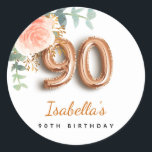 90th birthday floral rose gold eucalyptus monogram classic round sticker<br><div class="desc">For an elegant and feminine 90th birthday party. A chic white background. Decorated with a rose gold and blush pink watercolored rose flower, floral, green eucalyptus leaves, sprigs, greenery and faux gold sprigs. Personalise and a name. Black and golden letters. The name is written with a modern hand lettered style...</div>