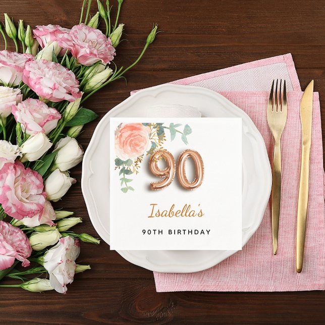 90th birthday floral rose gold eucalyptus monogram napkin (Creator Uploaded)