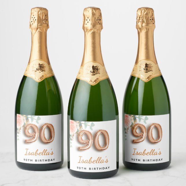 90th birthday floral rose gold eucalyptus monogram sparkling wine label (Bottles)