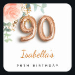 90th birthday floral rose gold eucalyptus monogram square sticker<br><div class="desc">For an elegant and feminine 90th birthday party. A chic white background. Decorated with a rose gold and blush pink watercolored rose flower, floral, green eucalyptus leaves, sprigs, greenery and faux gold sprigs. Personalise and a name. Black and golden letters. The name is written with a modern hand lettered style...</div>