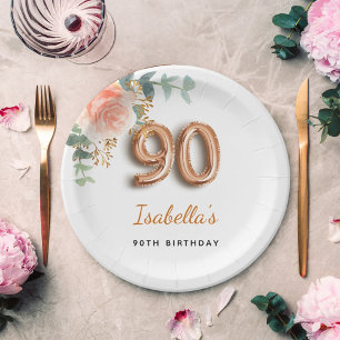 90th birthday floral rose gold eucalyptus name paper plate