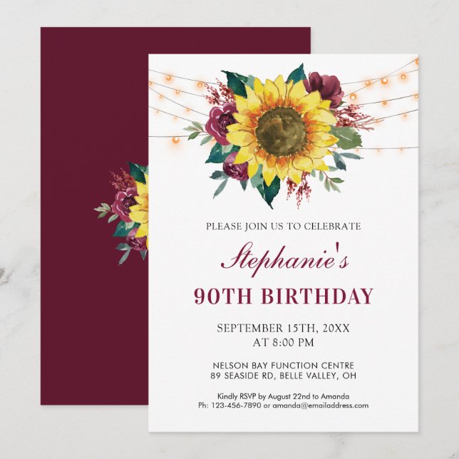 90th Birthday Floral Sunflower String Lights Party Invitation (Front/Back)