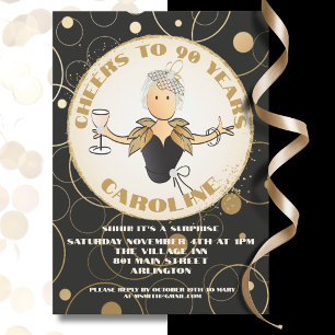 90th Birthday for Her Gold Sparkle Black Birthday Invitation