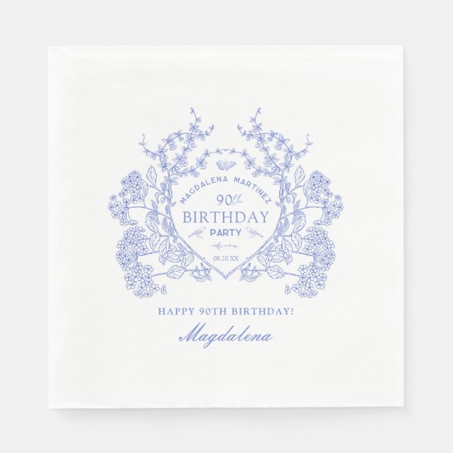 90th Birthday French Blue Floral Crest Custom Napkin (Front)