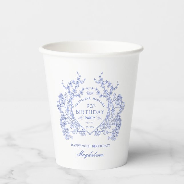 90th Birthday French Blue Floral Crest Custom Paper Cups (Front)