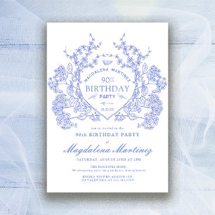 90th Birthday French Vintage Blue Floral Crest Invitation