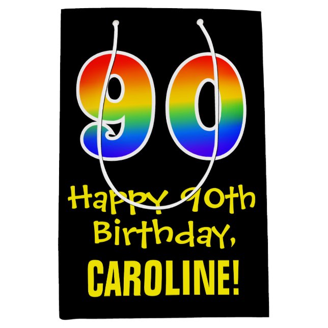 90th Birthday: Fun, Bold, Colourful, Rainbow "90" Medium Gift Bag (Front)
