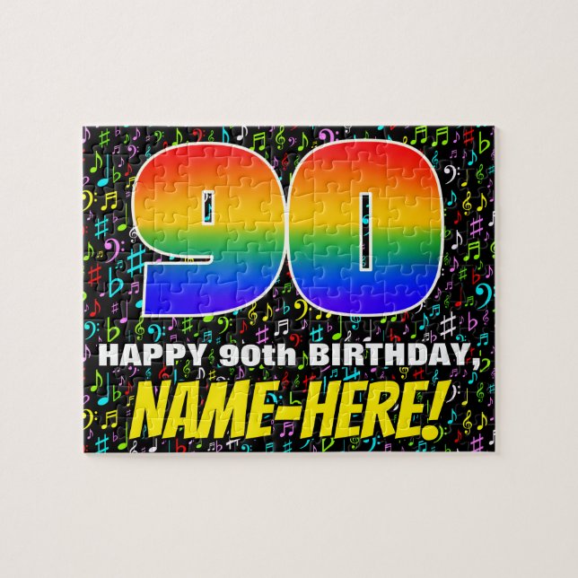 90th Birthday — Fun, Colourful Music Symbols & “90 Jigsaw Puzzle (Horizontal)