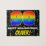 90th Birthday — Fun, Colourful Star Field Pattern Jigsaw Puzzle<br><div class="desc">This eye-catching and colourful birthday themed jigsaw puzzle design features a large number “90” with a multicolored rainbow spectrum inspired gradient pattern, along with the message “HAPPY 90th BIRTHDAY, ”, and a personalised recipient name. The background has an exciting, colourful stars pattern. A fun, personalised birthday puzzle like this might...</div>