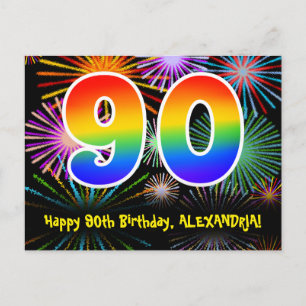 90th Birthday – Fun Fireworks Pattern + Rainbow 90 Postcard