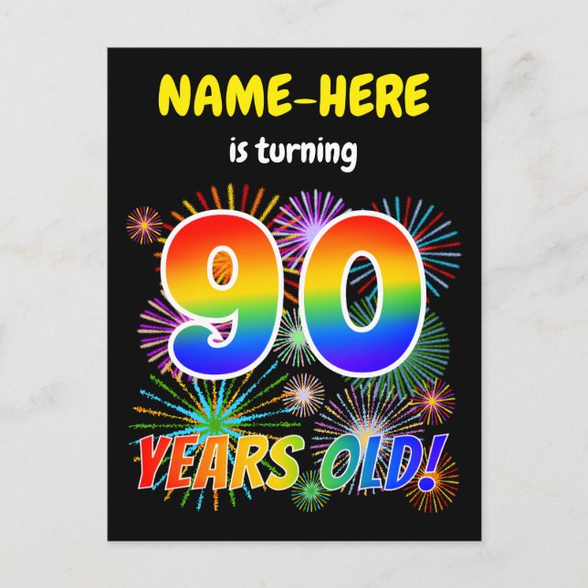 90th Birthday - Fun Fireworks, Rainbow Look "90" Postcard (Front)