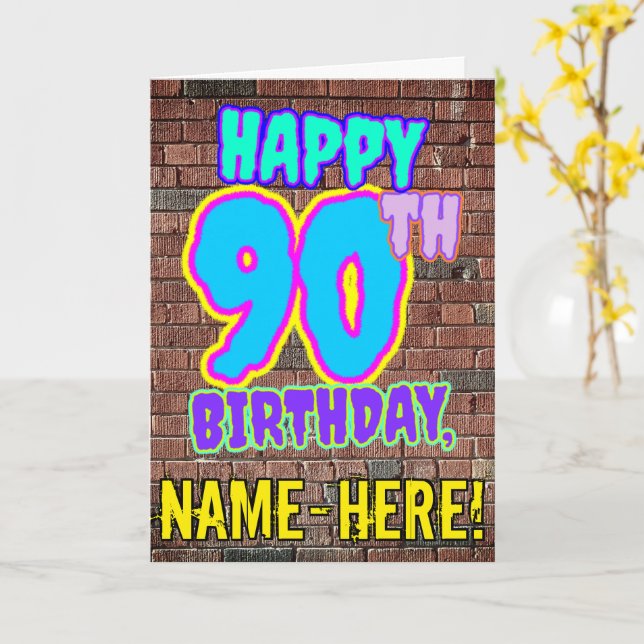 90th Birthday - Fun, Urban Graffiti Inspired Look Card (Yellow Flower)