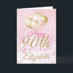 90th Birthday Glitter Pink Balloon Card<br><div class="desc">A gorgeous blush pink and glitter balloon happy birthday card. This feminine design is the perfect way to wish someone a happy 90th birthday (or any age!) Personalise with our own custom name and message. Pink and gold coloured typography on a bubble effect girly background. This would be perfect for...</div>