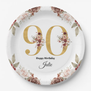90th Birthday Gold and Burgundy Floral Personalize Paper Plate
