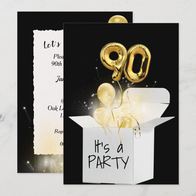 90th Birthday Gold Balloons In White Box Invitation (Front/Back)