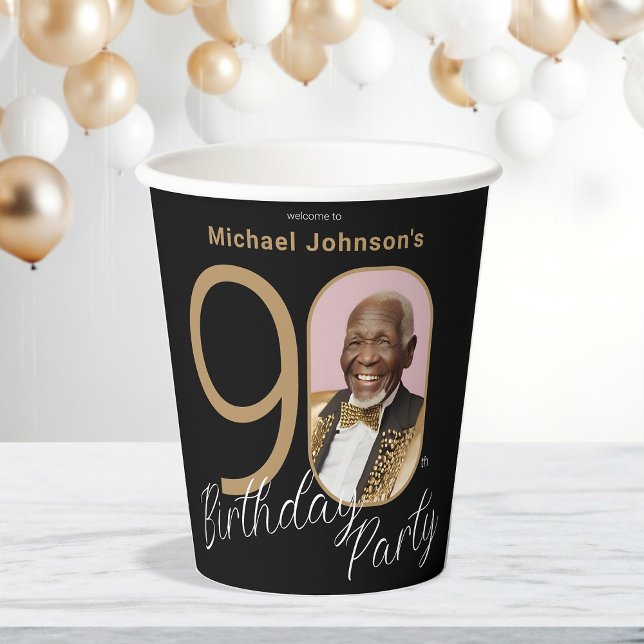90th Birthday Gold Black Elegant Custom Photo  Paper Cups (90th Birthday Gold Black Elegant Custom Photo Paper Cups)