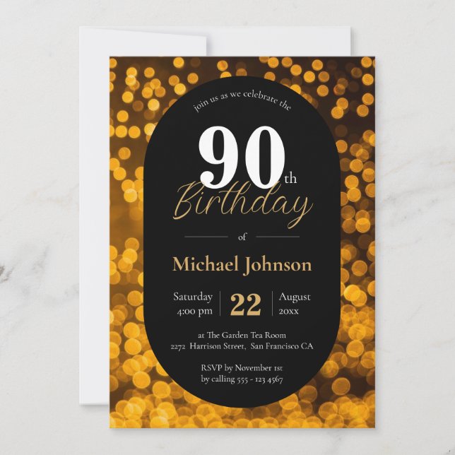 90th Birthday Gold Black Elegant Simple Custom Invitation (Front)