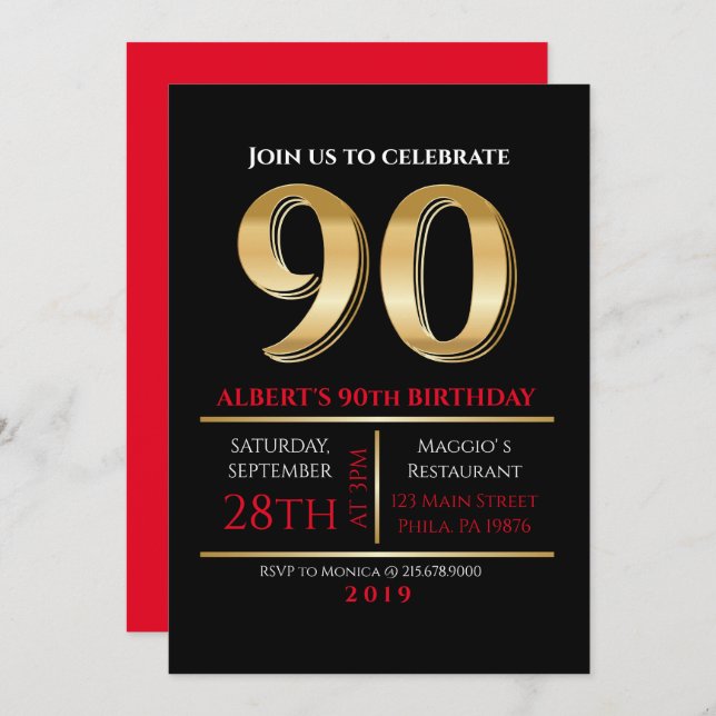 90th Birthday Gold Black Party Invitation (Front/Back)